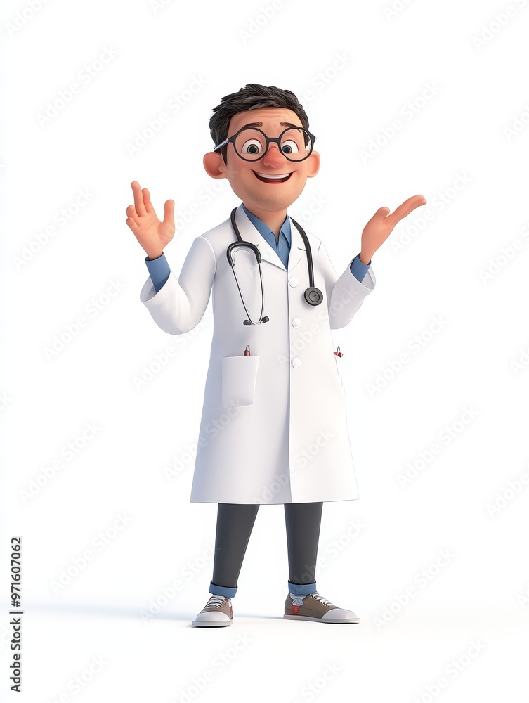 A friendly cartoon doctor wearing a white lab coat and stethoscope, smiling warmly with open arms. He symbolizes healthcare, kindness, medical professionals, and a welcoming approach to patients. A friendly cartoon doctor wearing a white lab coat and stethoscope, smiling warmly with open arms. He symbolizes healthcare, kindness, medical professionals, and a welcoming approach to patients.