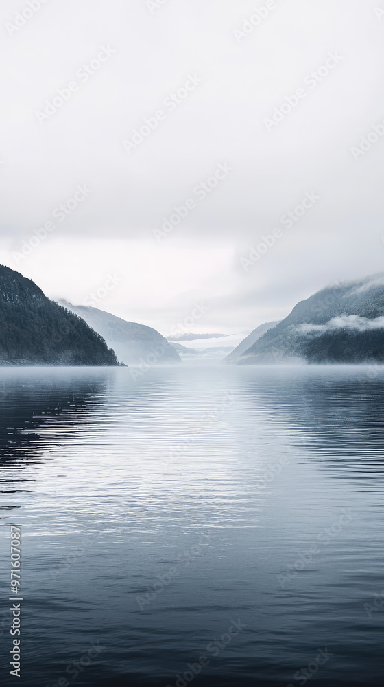Misty waters reflect distant hills in serene landscape Misty waters reflect distant hills in serene landscape