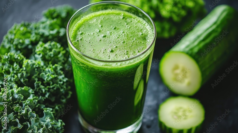 A refreshing green smoothie made from kale and cucumber, promoting health and wellness. A refreshing green smoothie made from kale and cucumber, promoting health and wellness.