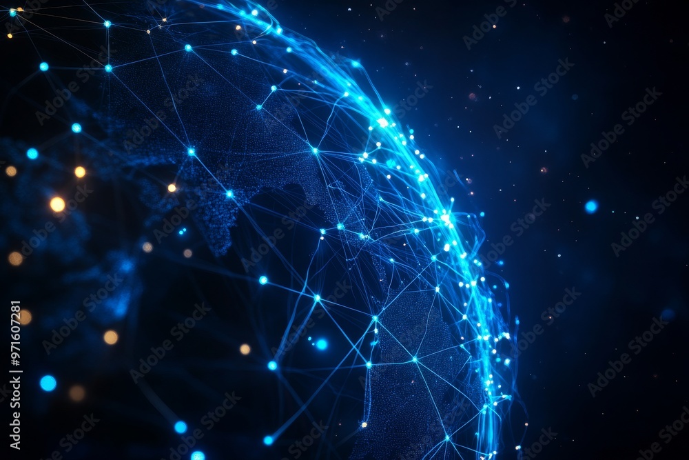 A futuristic representation of the global network, showcasing interconnectedness and digital communication. It symbolizes the flow of information, global collaboration, and the interconnectedness of o A futuristic representation of the global network, showcasing interconnectedness and digital communication. It symbolizes the flow of information, global collaboration, and the interconnectedness of o