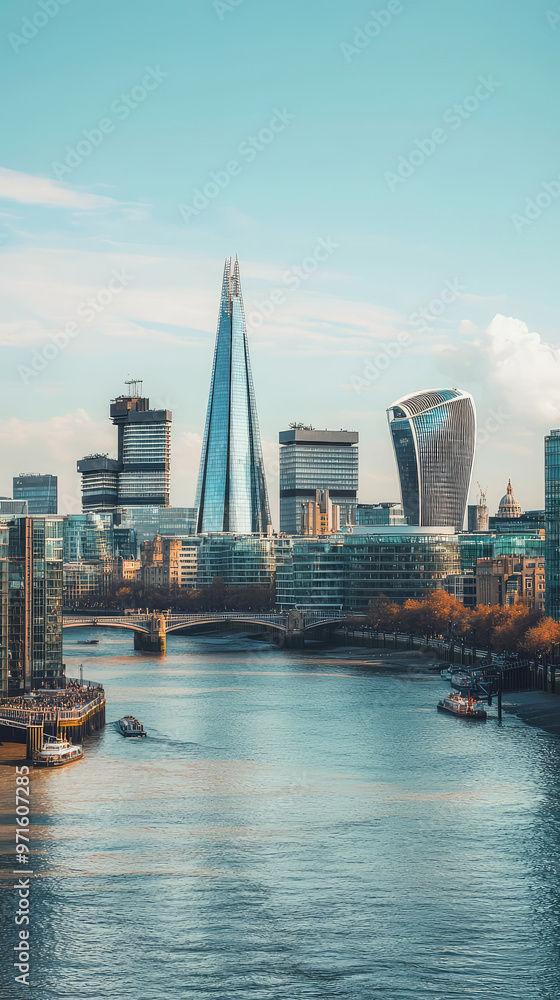 Fototapeta premium London skyline with modern skyscrapers and Thames River, showcasing urban beauty