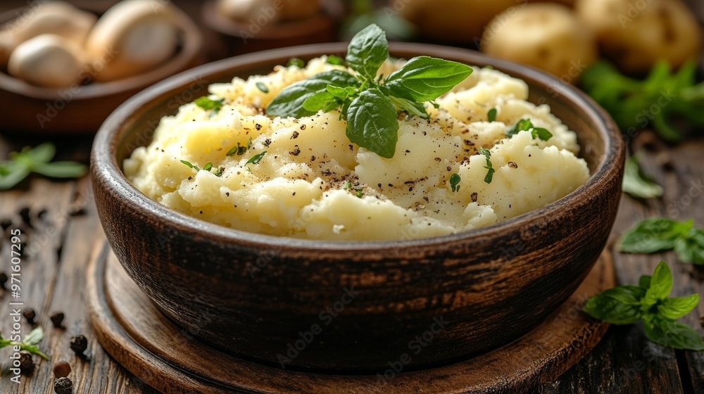 Bowl of mashed potatoes garnished with herbs and black pepper on rustic wooden table Bowl of mashed potatoes garnished with herbs and black pepper on rustic wooden table