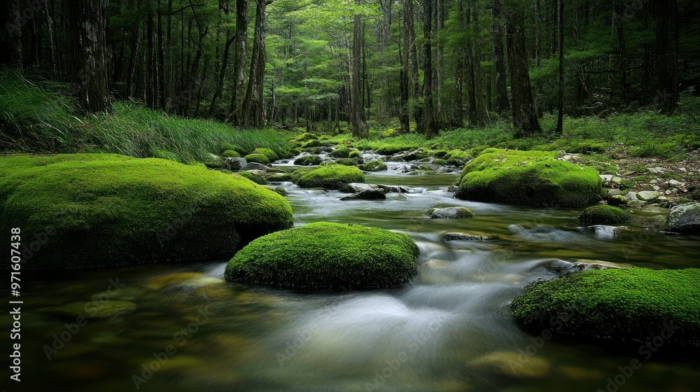 A serene forest stream surrounded by lush greenery and moss-covered rocks. A serene forest stream surrounded by lush greenery and moss-covered rocks.