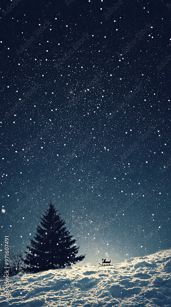 A serene winter night with falling snowflakes and silhouette of tree A serene winter night with falling snowflakes and silhouette of tree