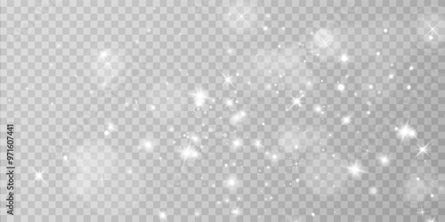 White png dust light. Bokeh light lights effect background. Christmas background of shining dust Christmas glowing light bokeh confetti and spark overlay texture for your design.