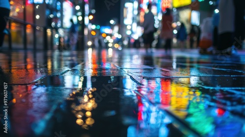 Wallpaper Mural A vibrant city street at night, reflecting colorful lights on wet pavement. Torontodigital.ca