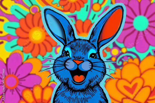 Psychedelic blue bunny rabbit in a trippy meadow of vibrant flowers popping with colors, trippy hippie hallucination background photo