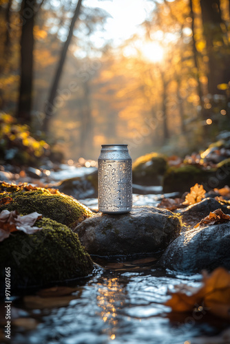 A peaceful autumn afternoon beside a gentle stream with a sparkling can resting on limescale rocks illuminated by golden sunlight