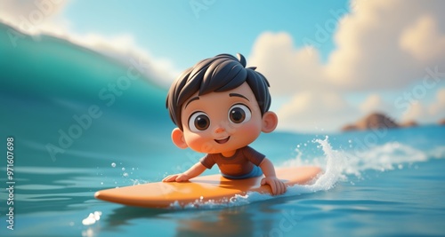 A 3D illustration of a boy learning to surf, riding a wave on a bright, sunny day, capturing the excitement of trying something new.