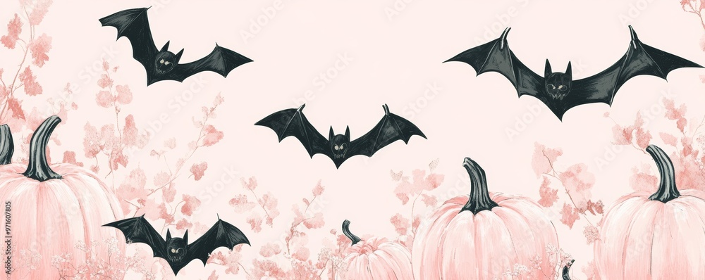 Fototapeta premium Bats flying over pastel pink pumpkins halloween background