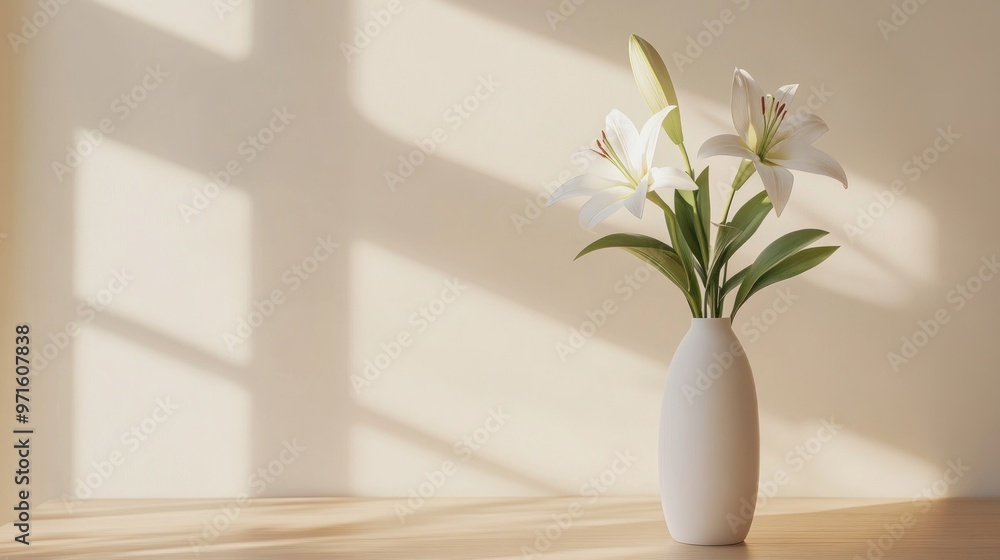 A serene arrangement of white lilies in a simple vase, illuminated by soft natural light. A serene arrangement of white lilies in a simple vase, illuminated by soft natural light.