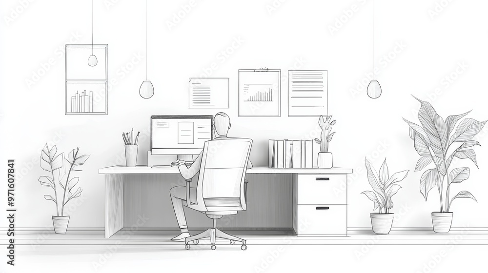 Fototapeta premium A hand-drawn illustration depicting a businessman working at his desk in a modern office. The image symbolizes efficiency, organization, and productivity, with elements such as a clean workspace, a co