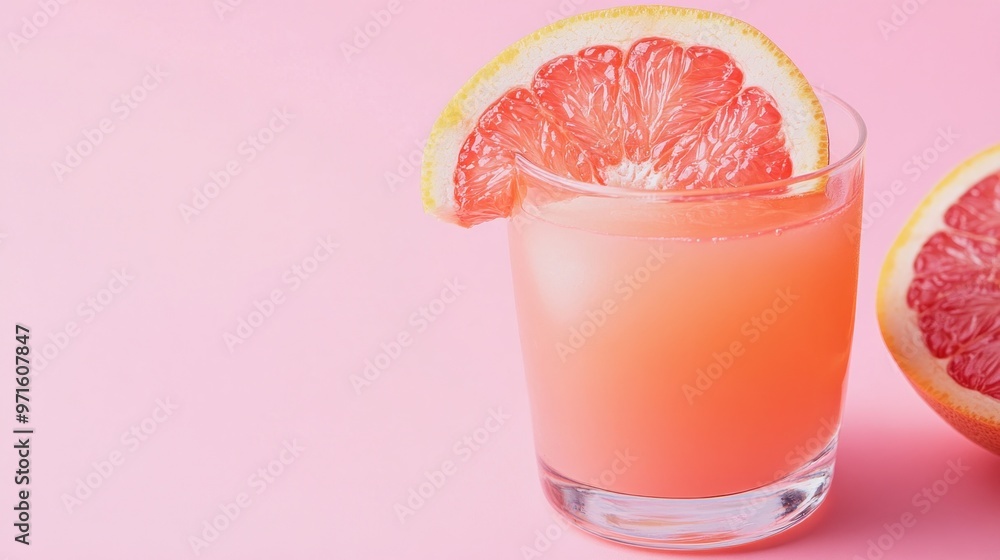 Fototapeta premium A refreshing pink grapefruit drink garnished with a slice, set against a pink background.