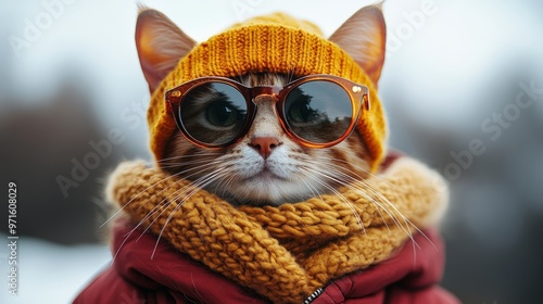 Fashionable cat wearing sunglasses and woolen hat posing in winter