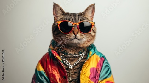 Fashionable cat posing wearing sunglasses and gold chain