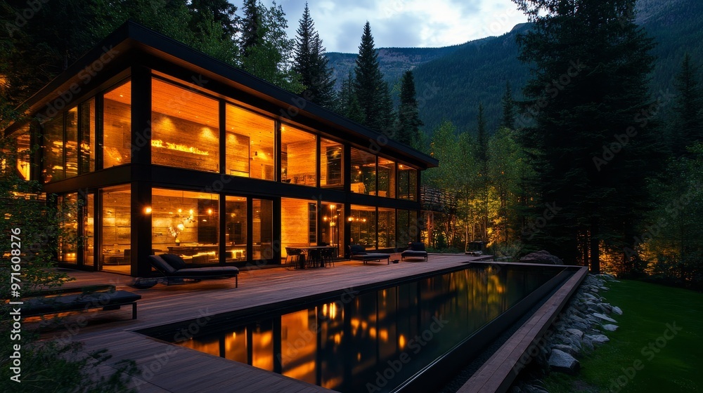 Obraz premium A luxurious modern home nestled in a mountain setting, featuring expansive glass windows that offer panoramic views and seamlessly connect the interior with the surrounding nature. The warm glow from 