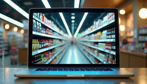 Laptop screen displaying a grocery store aisle filled with products, blending digital and physical shopping experiences. Suitable for e-commerce, retail, or technology themes.