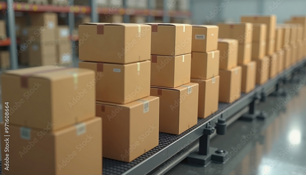 Stacks of cardboard boxes on a conveyor belt in a warehouse, highlighting packaging and shipping processes. Suitable for logistics, storage, or industrial themes. Stacks of cardboard boxes on a conveyor belt in a warehouse, highlighting packaging and shipping processes. Suitable for logistics, storage, or industrial themes.