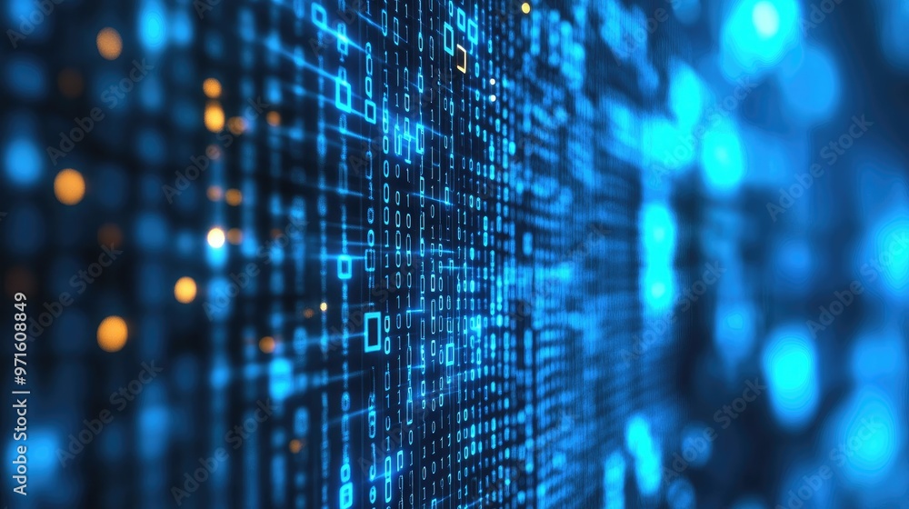 Abstract digital binary code background with glowing blue and orange lights. Abstract digital binary code background with glowing blue and orange lights.