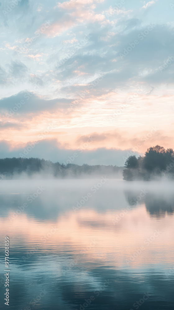 Obraz premium Misty fog rolling over quiet lake with soft clouds creates serene atmosphere
