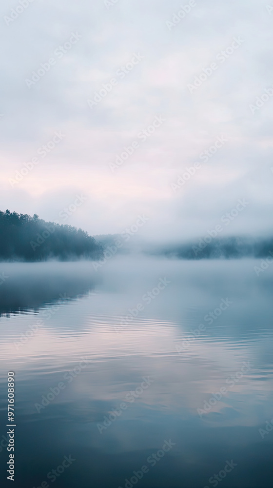 Misty fog rolling over quiet lake creates serene atmosphere Misty fog rolling over quiet lake creates serene atmosphere
