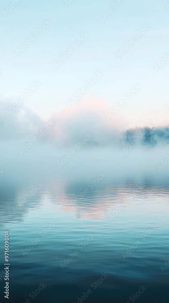 Fototapeta premium Misty morning scene with soft fog over water and clouds reflecting beautifully