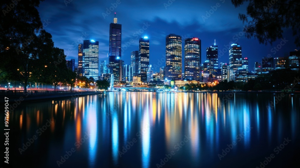 Obraz premium A vibrant city skyline reflected on water at night, showcasing urban beauty and tranquility.