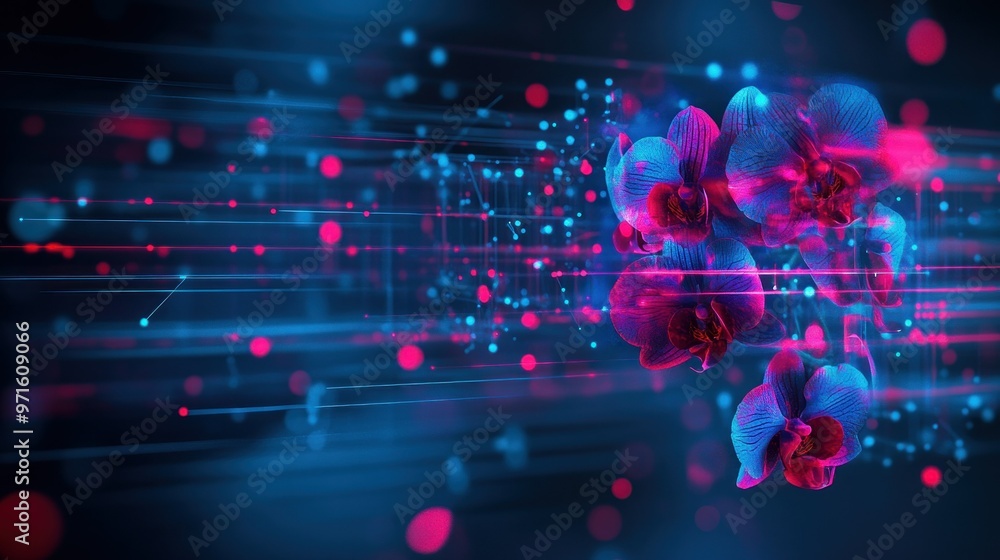 Fototapeta premium A vibrant digital representation of orchids amidst abstract light and data patterns.