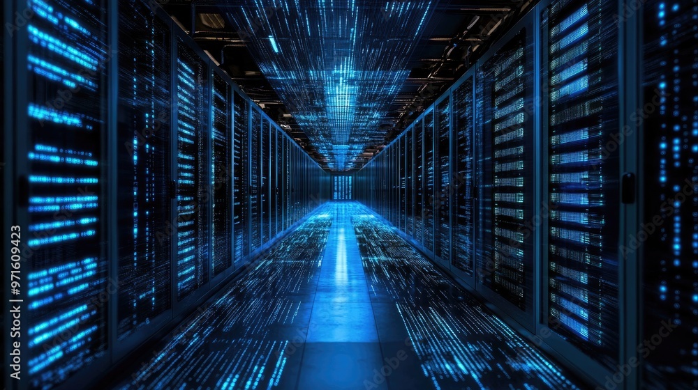Fototapeta premium A server room with rows of servers and blue glowing lights.