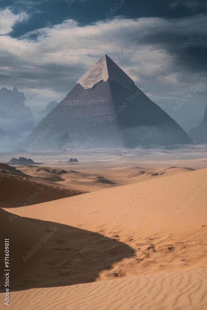 Mysterious Pyramid Stands Tall Under Cloudy Sky in Expansive Desert Landscape Mysterious Pyramid Stands Tall Under Cloudy Sky in Expansive Desert Landscape