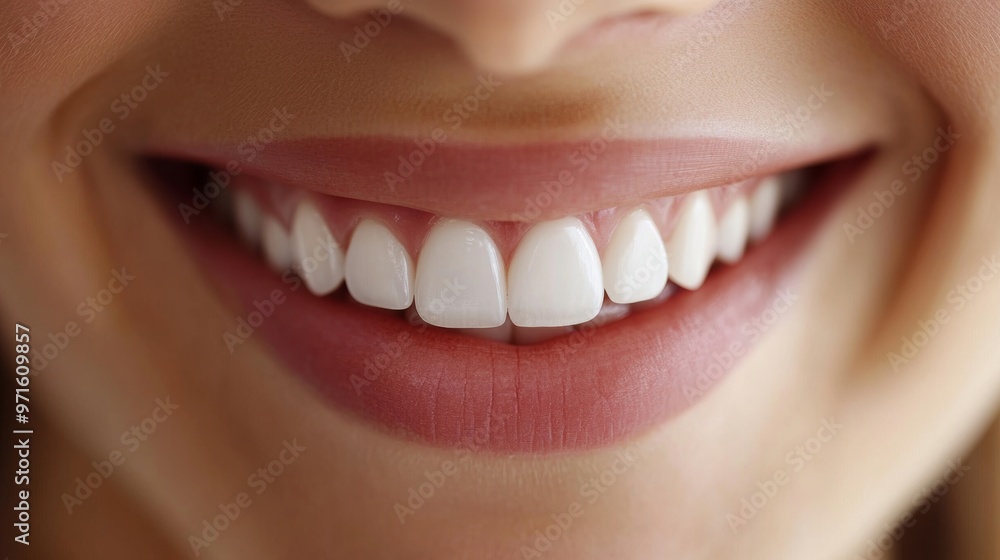 Fototapeta premium Radiant Smile Close up of a Perfectly Groomed Woman s Face Illuminated with Soft Lighting
