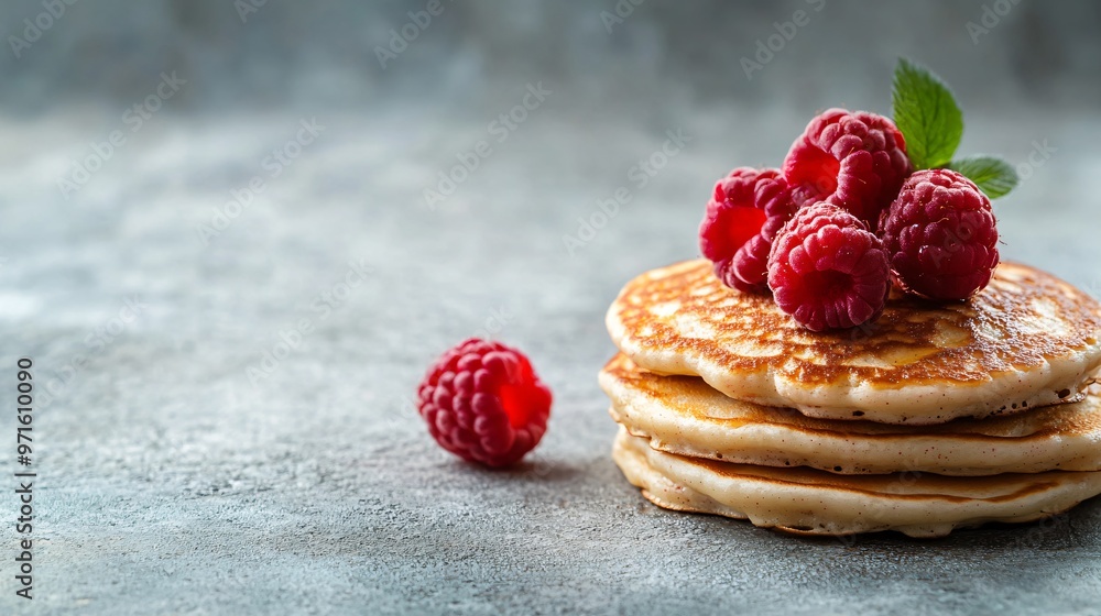 Minimalist composition of pancakes topped with a couple of fresh raspberries, placed on a smooth stone surface with soft natural lighting Minimalist composition of pancakes topped with a couple of fresh raspberries, placed on a smooth stone surface with soft natural lighting