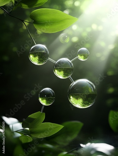 A molecule,  in 3D, floats amidst lush green foliage, symbolizing the harmonious relationship between nature and sustainable chemistry. The image represents the development of green chemistry processe