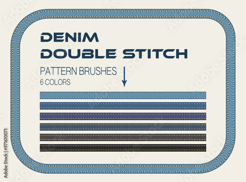 Set of pattern brushes with denim fabric, double topstitching. Rectangular denim frame. Design element in vintage style.