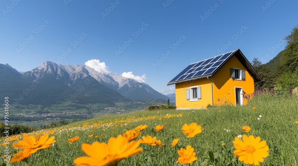 A picturesque yellow house equipped with solar panels sits on a hillside with a stunning mountain backdrop. Wildflowers bloom in the foreground, adding a touch of vibrant color to the scene. This imag A picturesque yellow house equipped with solar panels sits on a hillside with a stunning mountain backdrop. Wildflowers bloom in the foreground, adding a touch of vibrant color to the scene. This imag