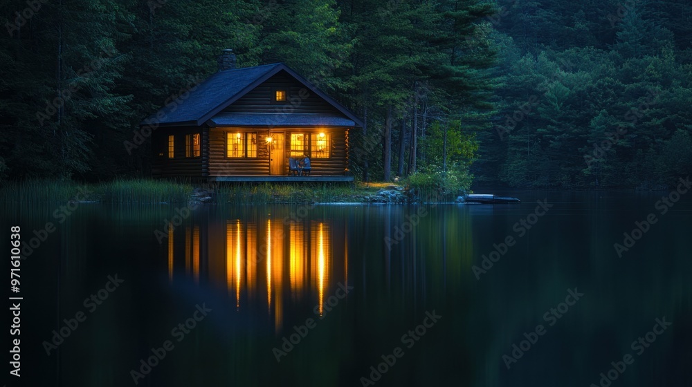 A serene lakeside cabin illuminated at dusk, reflecting warm light on calm waters. A serene lakeside cabin illuminated at dusk, reflecting warm light on calm waters.