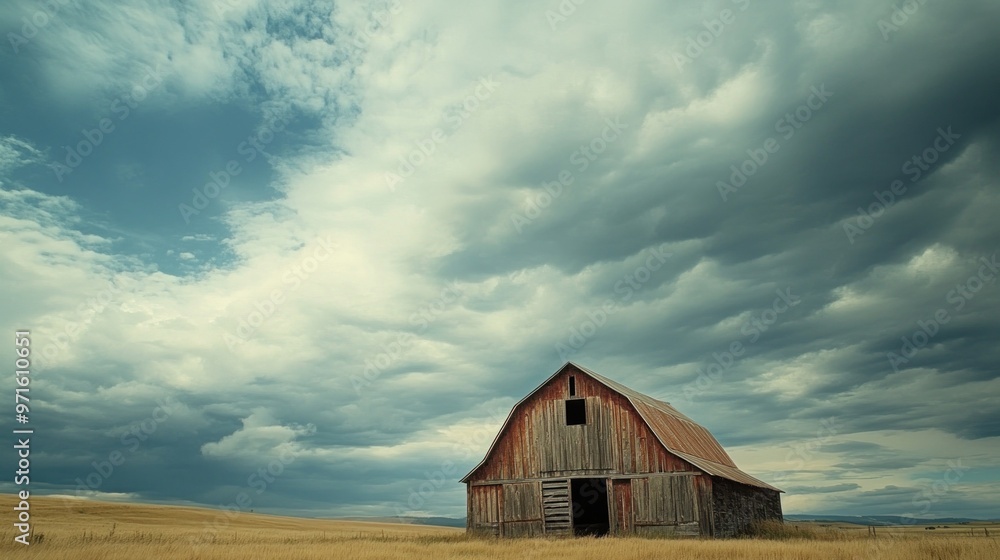 A rustic barn stands alone under a dramatic sky, surrounded by open fields. A rustic barn stands alone under a dramatic sky, surrounded by open fields.