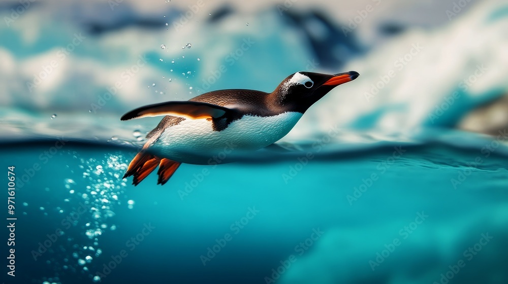 Fototapeta premium A playful penguin gracefully dives into crystal clear icy waters, showcasing its sleek body and captivating movement. The image captures the penguin's natural habitat and symbolizes freedom, explorati