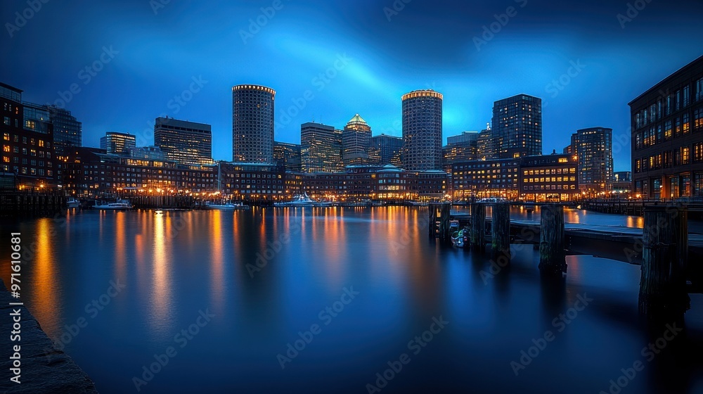 Obraz premium A serene twilight cityscape reflecting on water, showcasing urban architecture and lights.