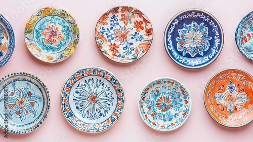   A colorful plate cluster sits on the edge of a pink dining table