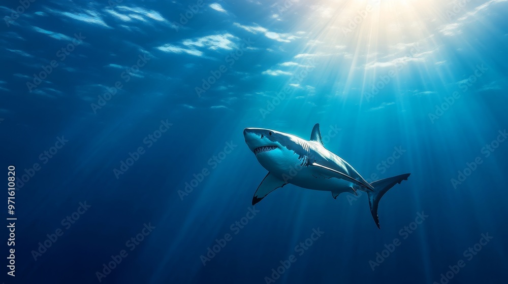 Fototapeta premium A powerful Great White Shark swims gracefully through the crystal-clear blue ocean water, illuminated by a bright sun shining through the surface, a captivating display of predator and prey, and the b