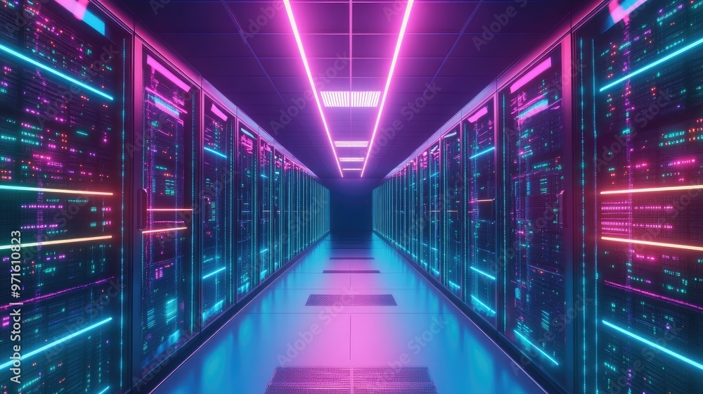 A long hallway with rows of servers glowing in neon pink and blue lights. A long hallway with rows of servers glowing in neon pink and blue lights.