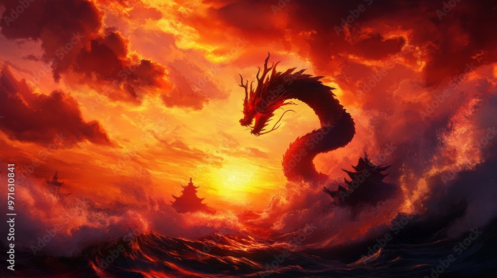 A powerful dragon ascends from the ocean amidst a breathtaking fiery sunset. The dragon's silhouette against the bright clouds symbolizes strength, power, and the rising sun represents new beginnings, A powerful dragon ascends from the ocean amidst a breathtaking fiery sunset. The dragon's silhouette against the bright clouds symbolizes strength, power, and the rising sun represents new beginnings,