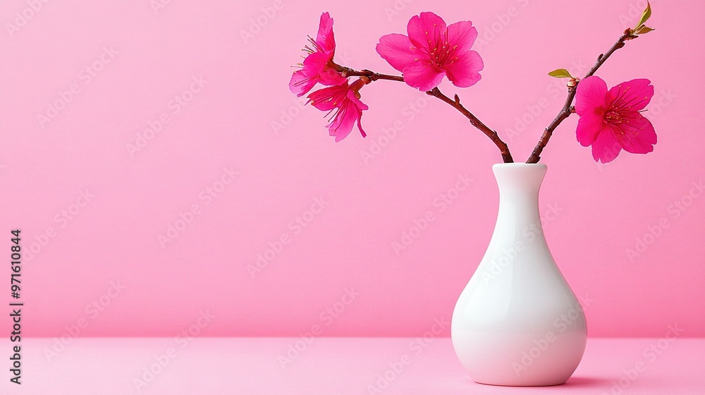 A white vase filled with pink flowers atop a pink background with a pink wall in the distance A white vase filled with pink flowers atop a pink background with a pink wall in the distance