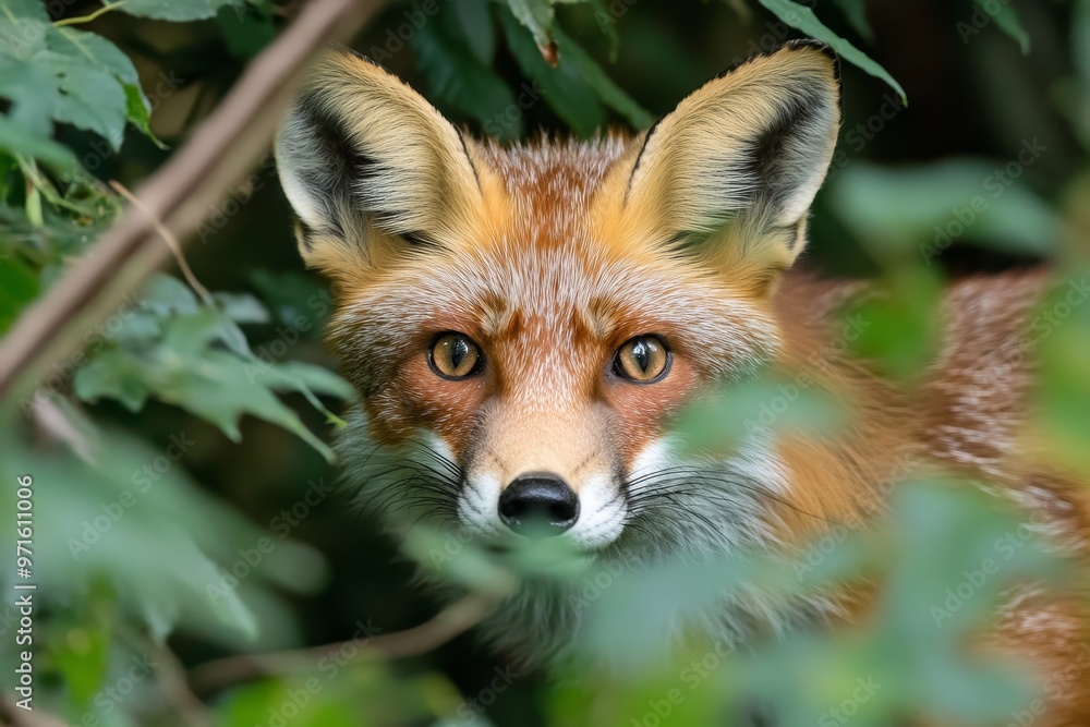 Fototapeta premium A red fox with inquisitive eyes looks directly at the camera while partially hidden behind lush green foliage, creating a sense of mystery and intrigue. This image captures the fox's natural curiosity