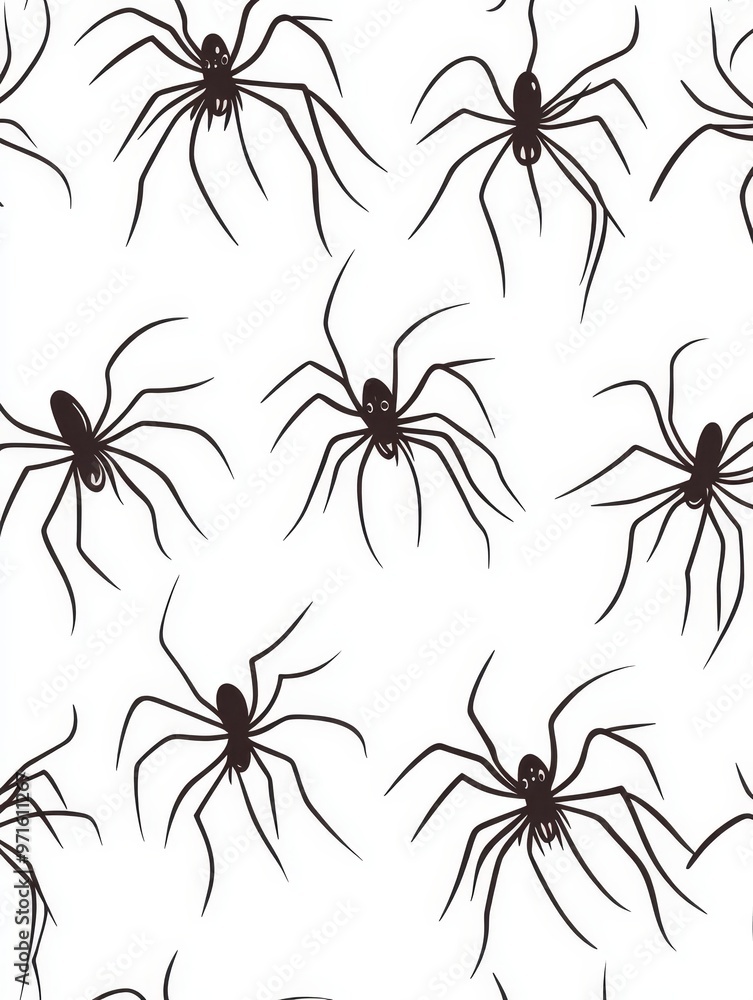A seamless pattern featuring black silhouettes of spiders on a white background. This simple design evokes a spooky and playful Halloween atmosphere, with a minimalist aesthetic that can be used for v A seamless pattern featuring black silhouettes of spiders on a white background. This simple design evokes a spooky and playful Halloween atmosphere, with a minimalist aesthetic that can be used for v