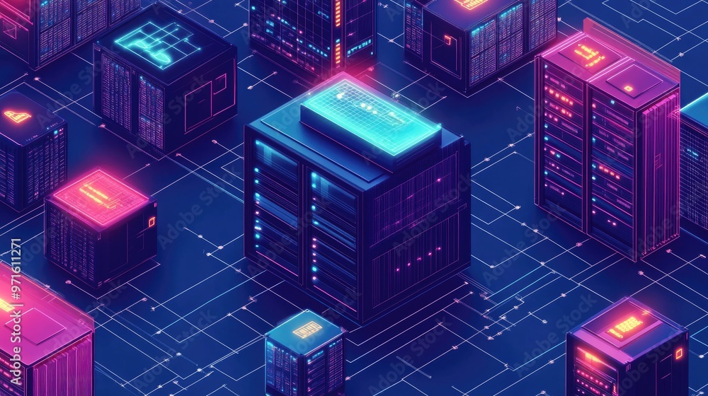 Isometric view of a data center with multiple servers connected by a network. Isometric view of a data center with multiple servers connected by a network.