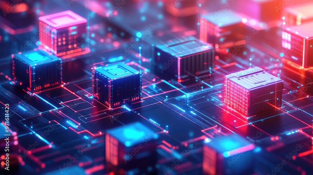 Abstract 3D render of glowing digital blocks connected by circuits on a black background. Abstract 3D render of glowing digital blocks connected by circuits on a black background.