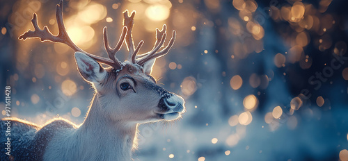 Enchanting Winter Wonder: Close-Up Reindeer Icon in Vintage Film - Festive Twilight Magic with Cool-Toned Lighting photo