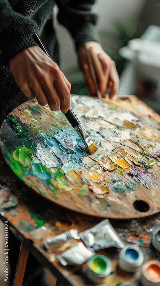 Painter mixing oil paints on wooden palette, creating vibrant colors Painter mixing oil paints on wooden palette, creating vibrant colors